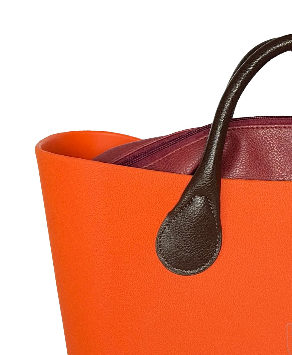 Look b.super Laranja, Recheio Couro Ecológico Vinho e Alça Gota Marrom - Imagem 2