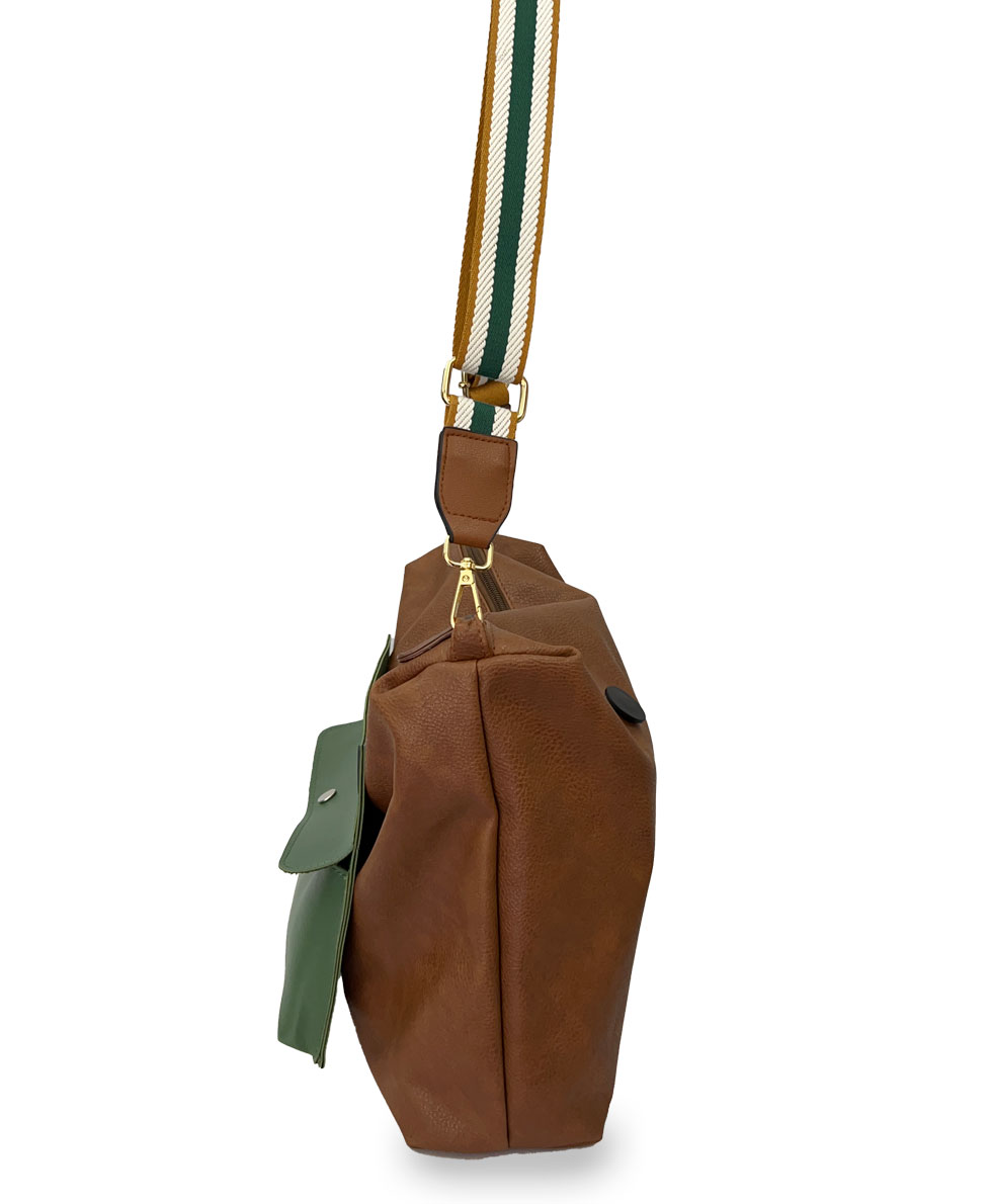 Look Couro Ecológico Marrom, Verde e Alça Caramelo - Imagem 6